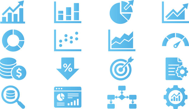 Set of blue icons representing financial charts graphs and analytics data for business growth and analysis.