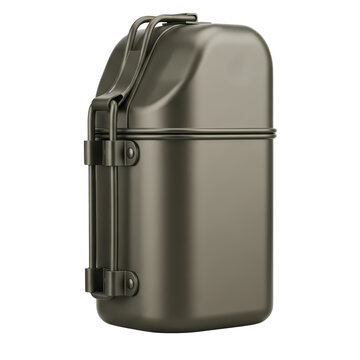 Rugged style metal mess kit container for camping with transparent backdrop
