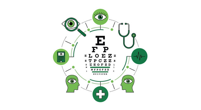 Conceptual Illustration Depicting Eye Care and Vision Health with Associated Medical Elements