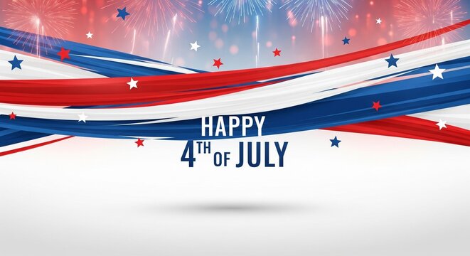 Happy 4th of July text with red white and blue wavy ribbons and fireworks celebration background illustration