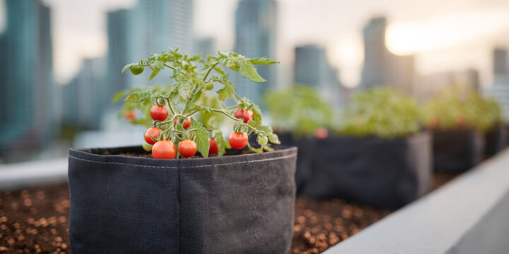 Urban rooftop tomato plants in fabric pots