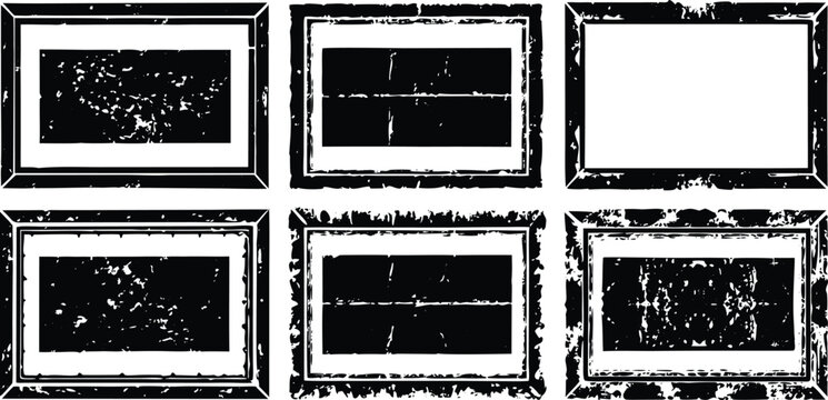 Six black grunge textured rectangular frames with white inner rectangles
