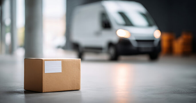 Cardboard box with delivery van background