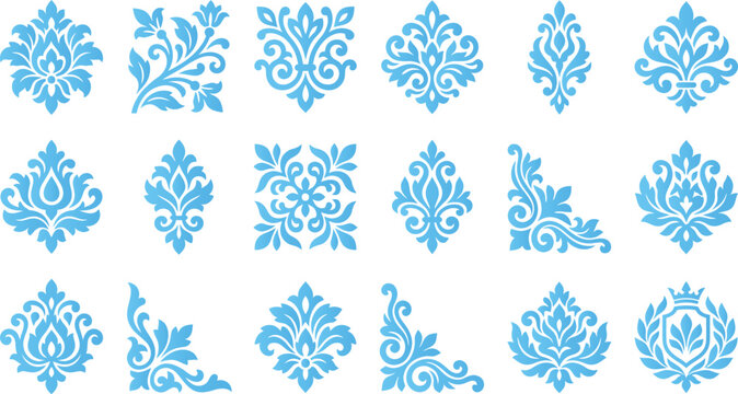 Ornate blue damask pattern collection including floral elements and corners for luxury decoration.