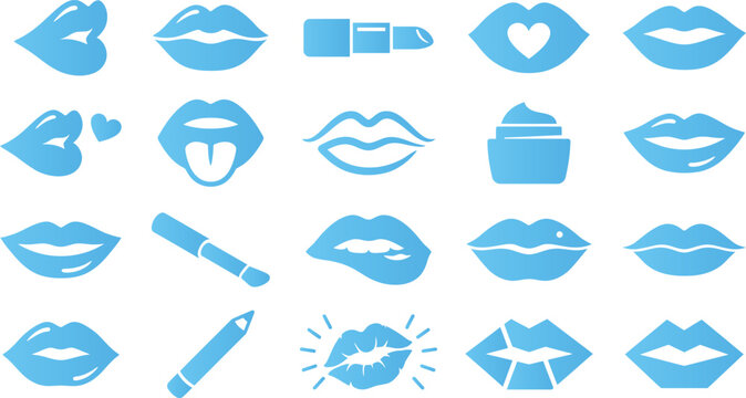 Collection of blue lips and lipstick icons representing beauty fashion romance and expressions kissing pouting.