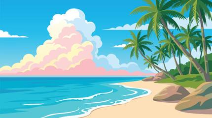 Obraz premium Tropical beach paradise with palm trees ocean sand summer sky island and ocean landscape