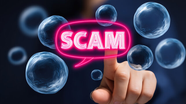 conceptual image showing glowing neon pink bubble with SCAM text, person&rsquo;s finger pointing directly at it, surrounded by multiple translucent blue bubbles, immersive layered effect, dark cyber 