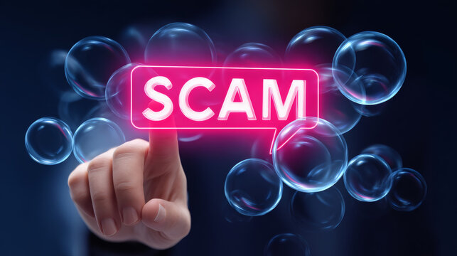 conceptual image showing glowing neon pink bubble with SCAM text, person&rsquo;s finger pointing directly at it, surrounded by multiple translucent blue bubbles, immersive layered effect, dark cyber 