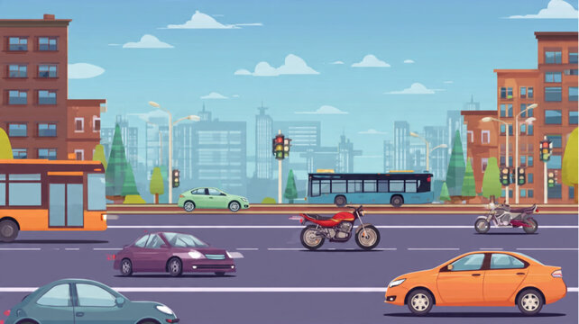 Cars and vehicles on city road.