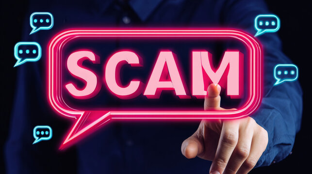 cyber image with glowing neon pink bubble showing SCAM, finger pointing at central element, surrounded by smaller bubbles in pink and translucent blue, layered immersive design, futuristic dark 