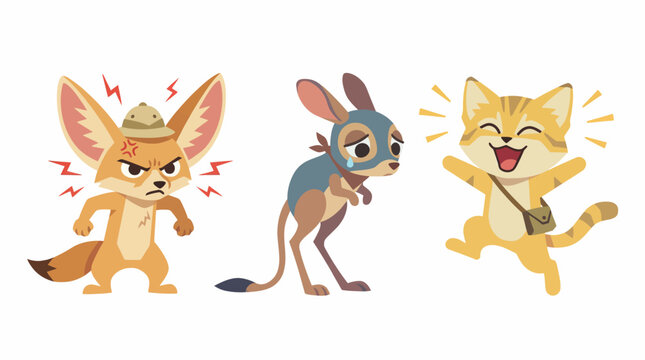 Expressive Cartoon Desert Animals Set Fennec Fox, Jerboa, and Sand Cat Displaying Anger, Sadness, and Joyful Happiness as a Concept of Emotional Diversity