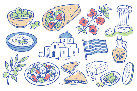 Greek Food Travel Elements Naive Color Sketch Vector