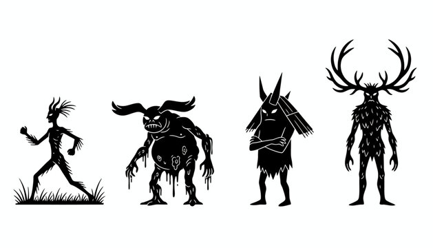 A Collection of Four Distinct Fantasy Creature Silhouettes on a White Background