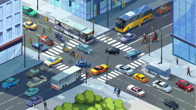 Cars and buses on city street.