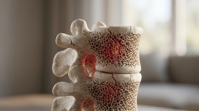 Skeletal structure decay: osteoporosis disease, fragile bone, vertebrae damage, porous tissue, pain symptom, calcium deficiency, spinal problem, bone weakness, medical concern.