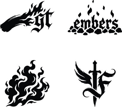 Collection of gothic streetwear logos featuring burning embers, fire silhouettes, sword wings, and dark lettering.