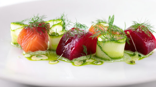 beetroot cured salmon with dill emulsion and cucumber garnish