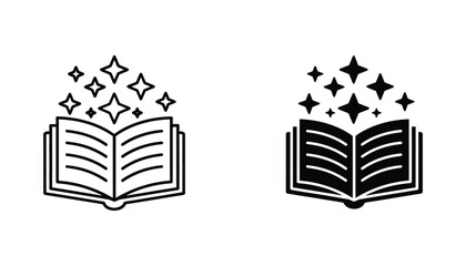 Open magic book vector illustration with sparkling stars and glowing effect simple icon © Chroma