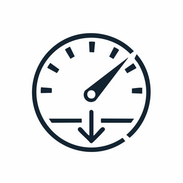 Performance meter icon with arrow indicating decreasing speed or low level, vector illustration.