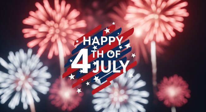 Happy 4th of July text overlay with red and white fireworks exploding in the night sky, patriotic celebration graphic design