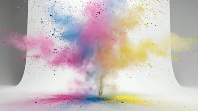 Colorful powder explodes from a white cylindrical object on a gray background