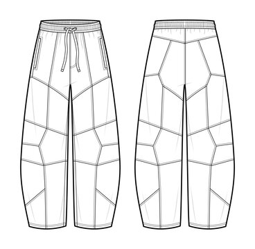 Geometric Panel Barrel Leg Pants Technical Fashion Illustration. Unisex Trousers Vector Template. Front and Back View. Elastic Waist Drawstring. Multi Panel Seam Design. CAD Mockup Set.