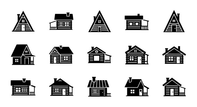 Set of isolated rustic cabin icons - Cabin silhouettes