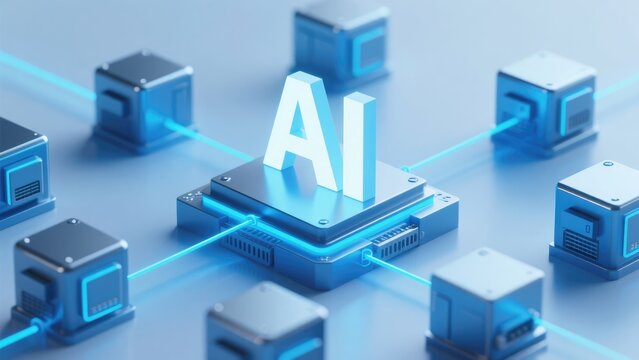 Futuristic AI processor connected to cloud computing network with advanced digital data infrastructure, idea for artificial intelligence automation, machine learning technology and smart enterprise
