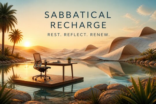 Desert oasis retreat with patio deck chair table and reflective water at sunset