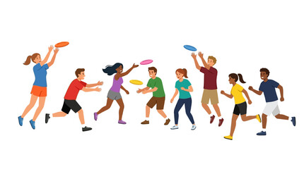 Fototapeta premium Diverse group of young people playing together outdoors with colorful flying discs in a fun and active sporting team game