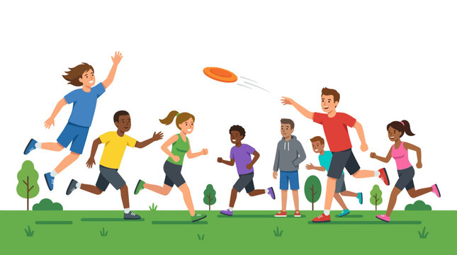 A group of happy diverse children playing with a flying disc in a park during a sunny summer afternoon session.