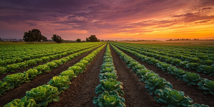 Vast agricultural field with neatly cultivated rows of green leafy vegetables under colorful sunset sky