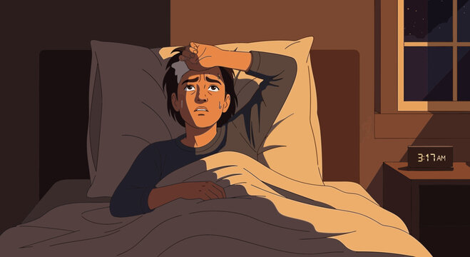 Concerned Person Awake in Bed at Night Depicting Sickness or Ailing Condition