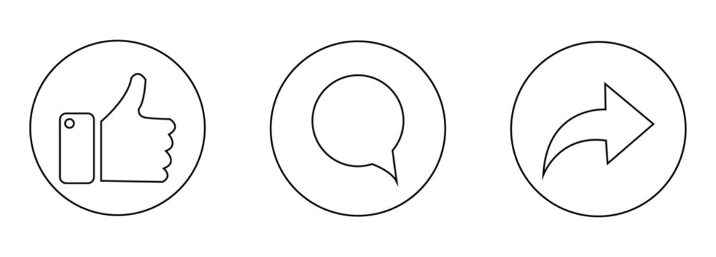 Like, Share and comment icons buttons set with black color. Social network signs on white background. color editable eps 10