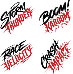 Dynamic action word comic book text set including storm thunder boom kaboom race velocity and crash impact. © Vector Design