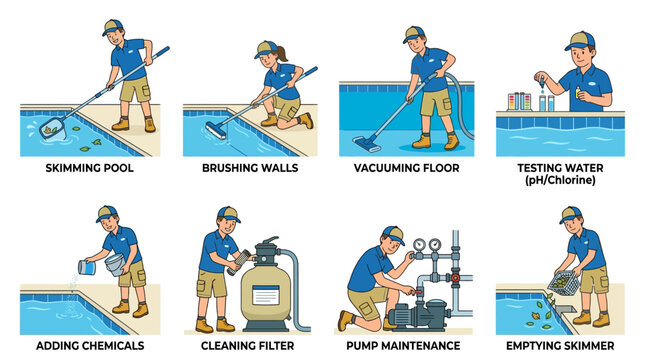 Professional cleaners perform essential maintenance tasks on swimming pools including skimming, brushing, vacuuming, testing water, and repairing filtration pump equipment systems.