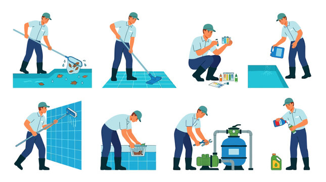 Professional male pool technician performing various maintenance tasks including cleaning debris, testing water chemistry, repairing equipment and scrubbing tile surfaces