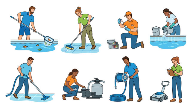 Diverse professional pool maintenance staff perform essential cleaning, water testing, equipment repair, and routine chemical balancing tasks for residential swimming pools.