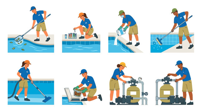 Professional pool maintenance workers performing various cleaning tasks and equipment repairs to keep the swimming water clear and safe