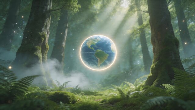 Mystical forest with floating Earth