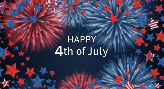 Happy 4th of July text with red blue stars and fireworks exploding in the night sky, patriotic celebration background, festive holiday graphic design