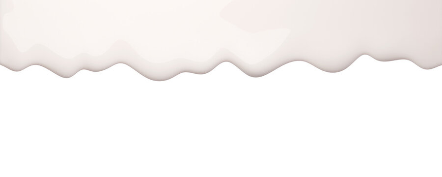 White Ice Cream melt with glossy drops, isolated on background. The syrup, Liquid flows down. Drops of sweet ice cream in the form of a decorative border for culinary, food design,	
