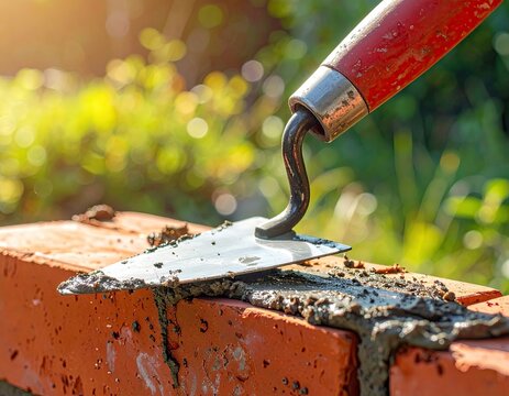 Red trowel spreading mortar on a brick, sunlight beams through greenery