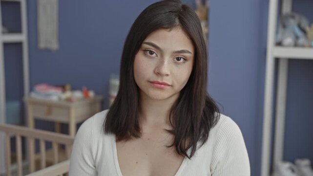 Woman sits facing camera, slight smile, bare collarbone visible, near wooden crib in nursery; maternal calm connection.