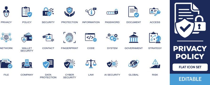 Privacy Policy editable solid icon set. Containing security, protection, password, information, document, access, ai security, cyber security and more illustration vector icons collection.