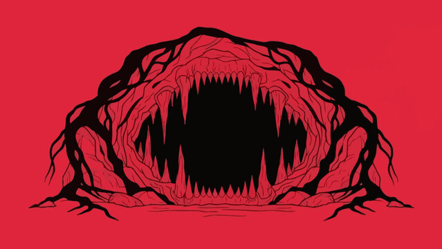 Terrifying Monster Mouth Cave Entrance with Sharp Teeth and Roots, Red Background