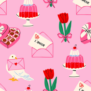 White dove bird, chocolate candies, tulip, love letter, cake. Hand drawn Vector illustration. Valentine's Day, love, romance concept. Square seamless Pattern, wallpaper, background
