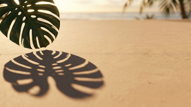 Tropical Monstera Leaf Shadow on Sand Beach Background with Copy Space