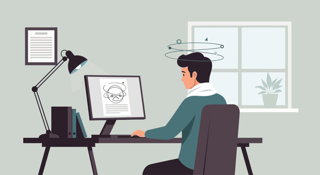 Confused Employee Working at Computer Experiencing Overwhelm and Dizzy Spells in Office