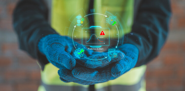 Predictive maintenance workflow prediction alert artificial intelligence concept industrial worker hands holding holographic chart graph data analysis smart factory condition monitoring IoT